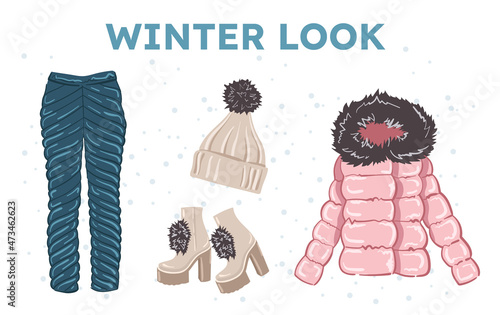 set of fashionable winter clothes, isolated on white background. Trend illustration, modern women look. winter jacket with fur, quilted puffed trousers, hat with pompom, high-heeled shoes