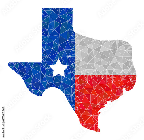 Low-poly texas map logo icon illustration combined of scattered filled triangles. Triangulated texas map logo polygonal icon vector illustration. Texas Map Logo icon is filled with triangles.