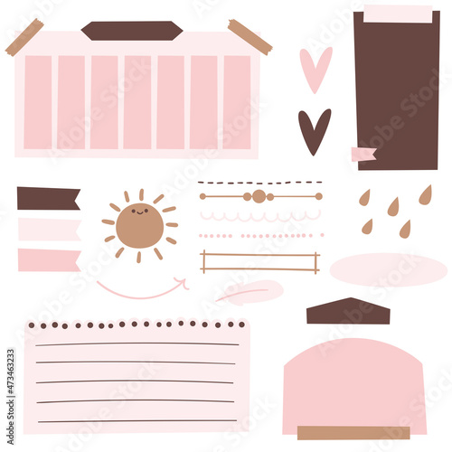 Bullet journal or planner digital stickers and paper set. Digital bullet journaling, snail mailing, or planning. Cartoon vector art. 