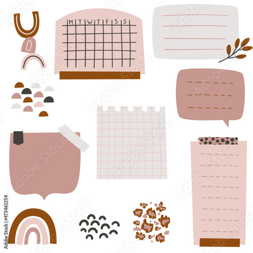 Bullet journal or planner digital stickers and paper set. Digital bullet journaling, snail mailing, or planning. Cartoon vector art. 