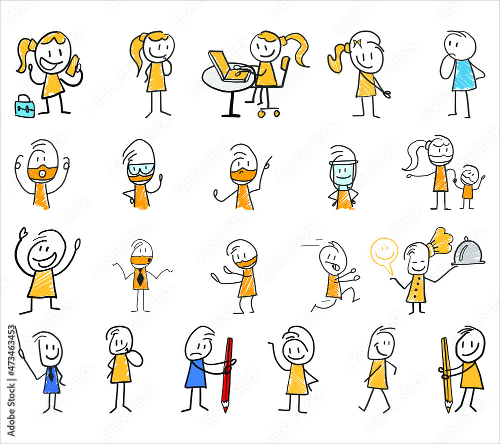 Stick figure people, working life, daily life. Freehand drawing. Vector illustration. Isolated on white background. Stick figure people, working life, daily life. Freehand drawing. Vector illustration. Isolated on white background.
