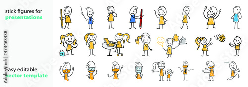 Stick figure people, working life, daily life. Freehand drawing. Vector illustration. Isolated on white background.