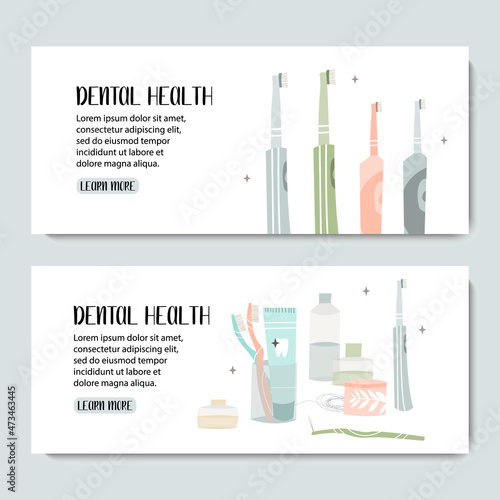 Oral care. Dental cleaning tools: toothbrush, toothpaste, dentifrice, dental floss, mouthwash. Dental hygiene, teeth care. Vector flat cartoon illustration, landing page template, banner design, web photo