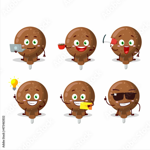 Orange lolipop wrapped cartoon character with various types of business emoticons