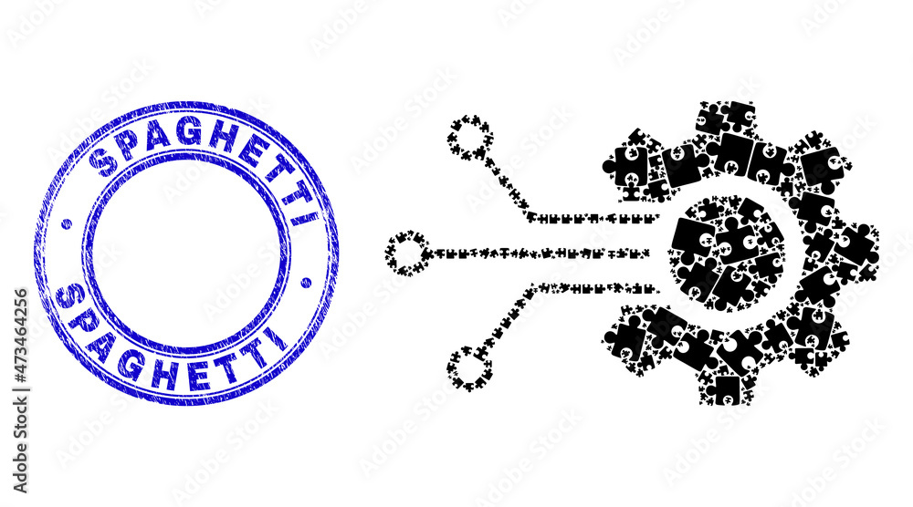 Puzzle smart gear connection mosaic icon with Spaghetti seal. Blue vector rounded scratched seal stamp with Spaghetti caption. Puzzle smart gear connection mosaic icon with Spaghetti seal. Blue vector rounded scratched seal stamp with Spaghetti caption.