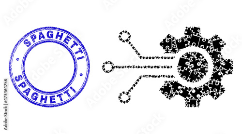 Puzzle smart gear connection mosaic icon with Spaghetti seal. Blue vector rounded scratched seal stamp with Spaghetti caption.