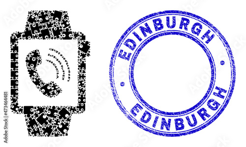 Puzzle phone watches mosaic icon with Edinburgh watermark. Blue vector round grunge watermark with Edinburgh phrase. Abstract mosaic of phone watches icon composed of puzzle plugins.