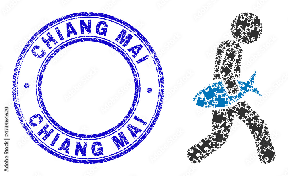 Puzzle fish courier mosaic icon with Chiang Mai stamp. Blue vector rounded distress seal stamp with Chiang Mai caption. Abstract mosaic of fish courier icon done of puzzle elements. Puzzle fish courier mosaic icon with Chiang Mai stamp. Blue vector rounded distress seal stamp with Chiang Mai caption. Abstract mosaic of fish courier icon done of puzzle elements.