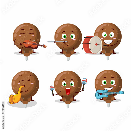 Cartoon character of orange lolipop wrapped playing some musical instruments