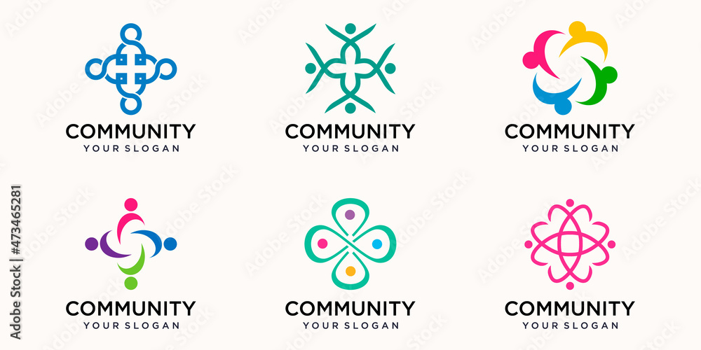 Creative Colorful people community Icon Logo Design Template. Team of four people together icon isolated