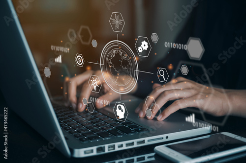 Wallpaper Mural Businesswoman using a computer to demonstrate network connectivity, innovation, online communication, metaverse world, concept of futuristic meta technology. Torontodigital.ca