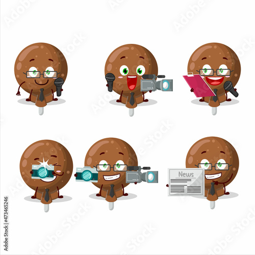 Character reporter orange lolipop wrapped cute mascot with microphone