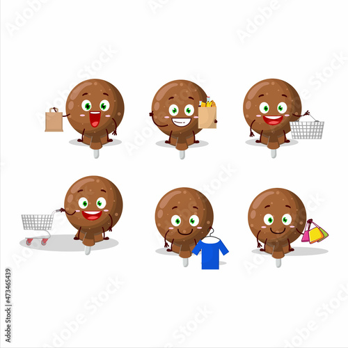 A Rich orange lolipop wrapped mascot design style going shopping