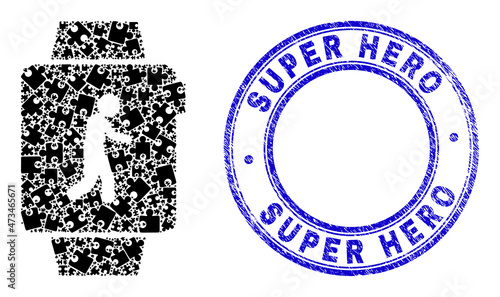 Puzzle fitness watches mosaic pictogram with Super Hero seal stamp. Blue vector rounded grunge stamp with Super Hero message. Abstract mosaic of fitness watches icon made of puzzle glyphs.