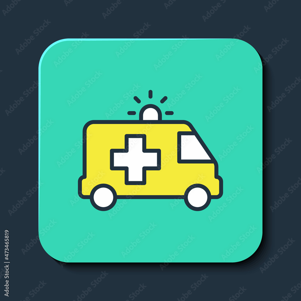 Filled outline Ambulance and emergency car icon isolated on blue background. Ambulance vehicle medical evacuation. Turquoise square button. Vector Filled outline Ambulance and emergency car icon isolated on blue background. Ambulance vehicle medical evacuation. Turquoise square button. Vector
