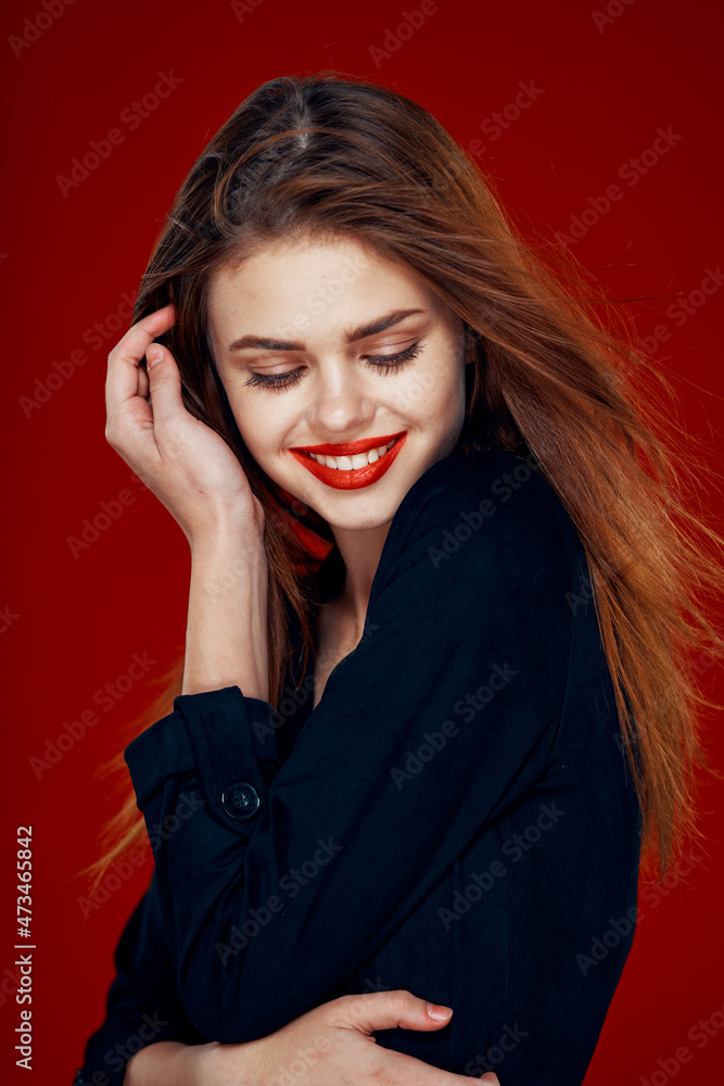 pretty woman with red lips red hair Glamor posing red background pretty woman with red lips red hair Glamor posing red background