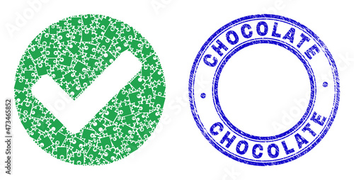 Puzzle yes mosaic icon and Chocolate stamp. Blue vector rounded textured stamp with Chocolate caption. Abstract mosaic of yes icon made of puzzle items.