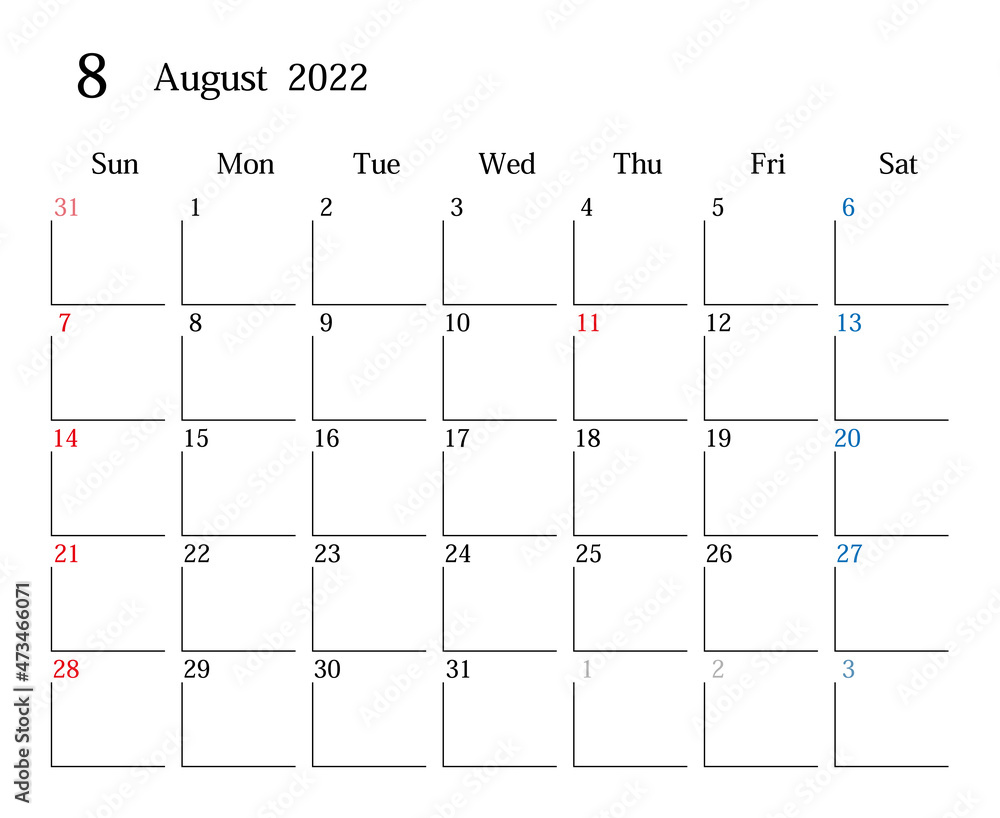 22年8月 日本のカレンダー Stock Vector Adobe Stock
