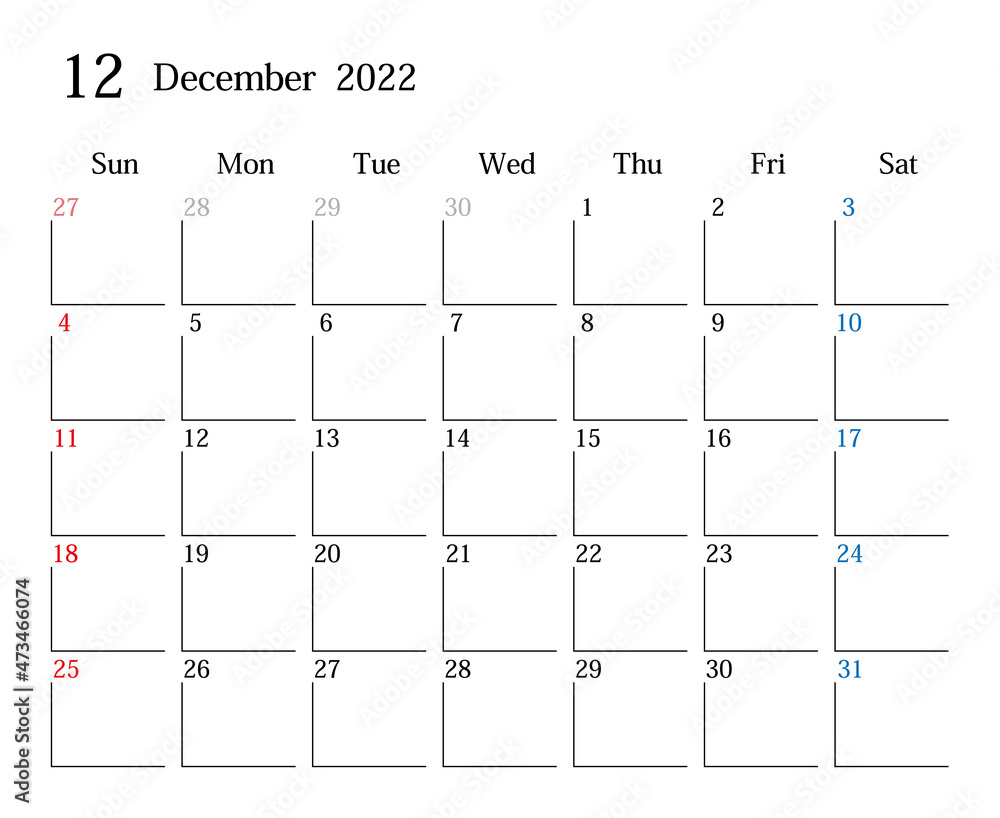 22年12月 日本のカレンダー Stock Vector Adobe Stock