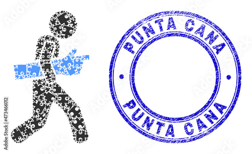 Puzzle index finger courier mosaic icon with Punta Cana seal stamp. Blue vector round textured seal stamp with Punta Cana phrase.