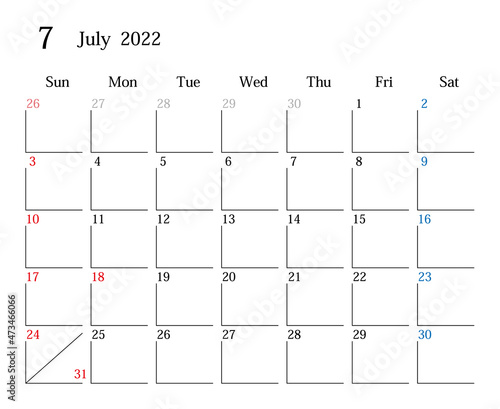 2022年7月、日本のカレンダー