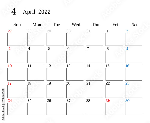 2022年4月、日本のカレンダー