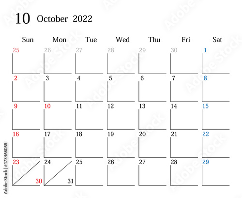 2022年10月、日本のカレンダー