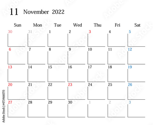 2022年11月、日本のカレンダー