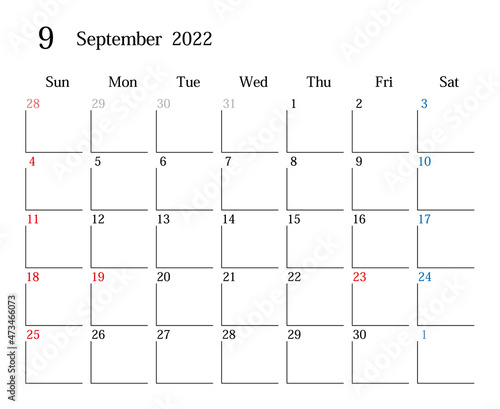 2022年9月、日本のカレンダー