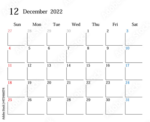 2022年12月、日本のカレンダー