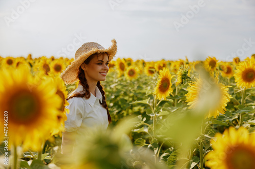 woman with two pigtails walks through a field of sunflowers countryside
