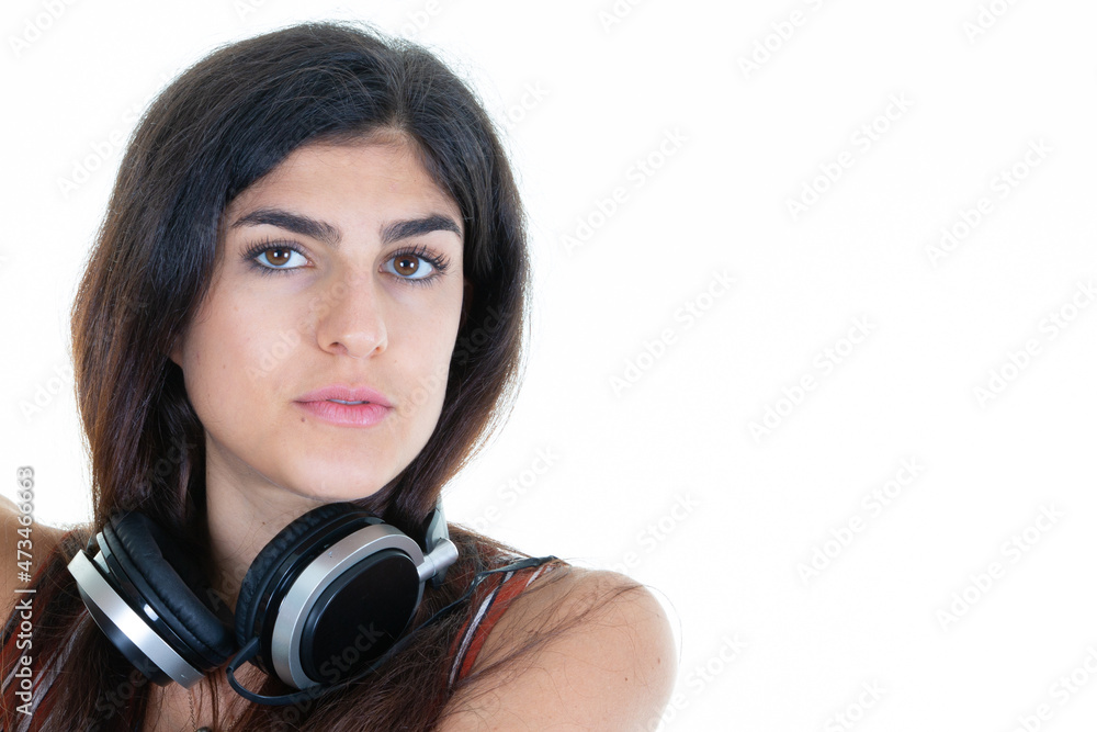 girl portrait with music headphones pretty young woman looking camera poses against white background girl portrait with music headphones pretty young woman looking camera poses against white background