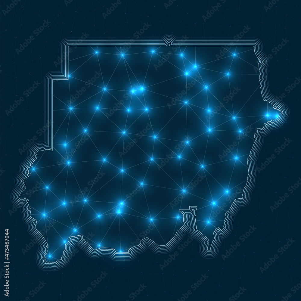 Obraz premium Sudan network map. Abstract geometric map of the country. Digital connections and telecommunication design. Glowing internet network. Cool vector illustration.