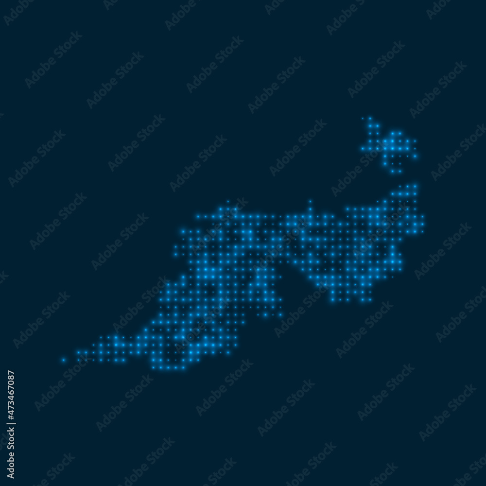 Guana Island dotted glowing map. Shape of the island with blue bright bulbs. Vector illustration.