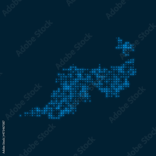 Guana Island dotted glowing map. Shape of the island with blue bright bulbs. Vector illustration.