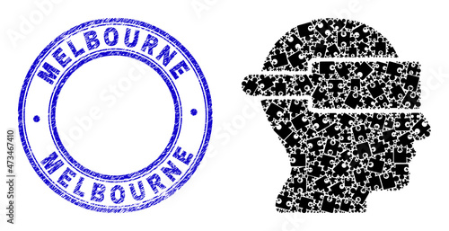 Puzzle virtual reality mosaic icon with Melbourne watermark. Blue vector round scratched watermark with Melbourne text. Abstract collage of virtual reality icon created of puzzle plugins.