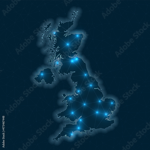 United Kingdom network map. Abstract geometric map of the country. Digital connections and telecommunication design. Glowing internet network. Stylish vector illustration.