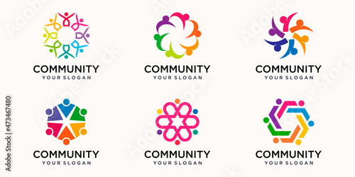 set of Creative Colorful community Icon Logo Design Template. Team of four people together icon isolated