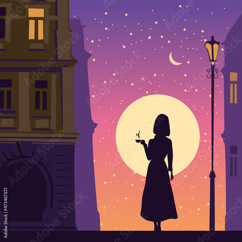 Silhouette elegant girl with cup of coffee, sunset city, autumn, buildings. Vector illustration