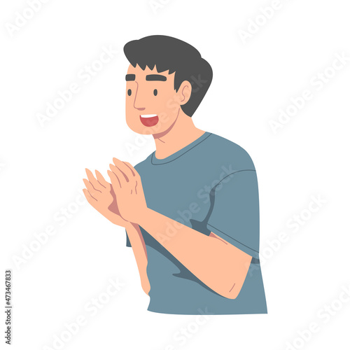 Excited Man Character Looking at Someone Clapping His Hands Demonstrating Attention Vector Illustration