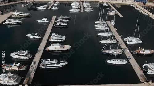 Flight over the marina and yachts, the city of Herceg Novi