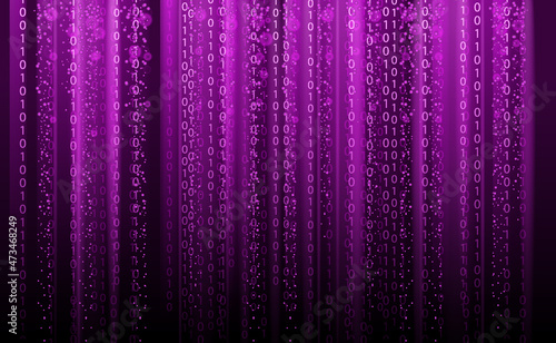 Technology Binary abstract background, matrix style, purple color, falling numbers. Digital binary data flow dust on screen. Programming concept, secure data, hacking, piracy, technology, internet