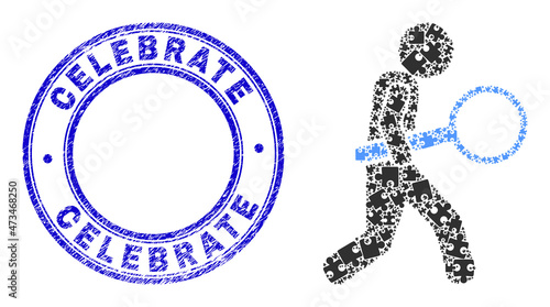 Puzzle zoom glass inspector mosaic icon with Celebrate stamp. Blue vector rounded distress seal stamp with Celebrate phrase.