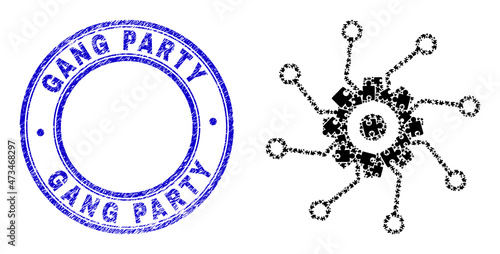 Puzzle gear circuit links mosaic icon with Gang Party stamp. Blue vector rounded distress stamp with Gang Party message. Abstract concept of gear circuit links icon made of puzzle elements.