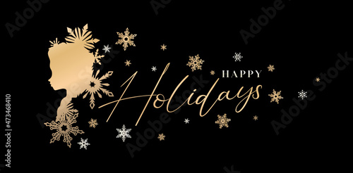 illustration of princess silhouette girl or with snowflake ornament design, abstract background happy holidays letter font applicable for greeting card, invitation birthday, banner, poster winter.