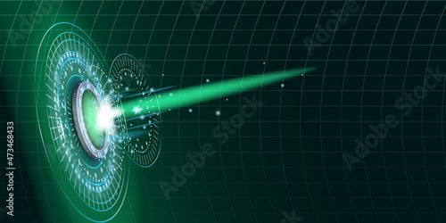 Teleport futuristic portal circle science, sky-fi digital, tunnel with light rays and glows, podium, projector. HUD menu user interface. Vector illustration, black green background