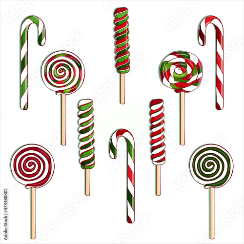 Set of lollipops (lollypops) painted in traditional christmas colors. Collection caramel. Design elements for christmas card. Colorful vector illustration isolated on white background. Hand drawn. 