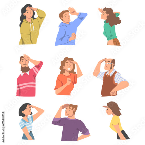 Looking Into Future People Character with Their Hands on Forehead Vector Illustration Set