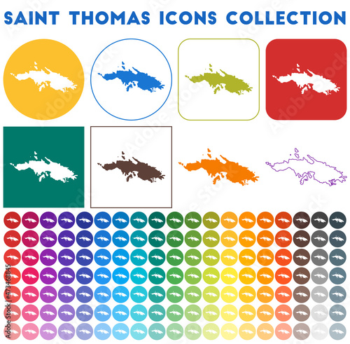 Saint Thomas icons collection. Bright colorful trendy map icons. Modern Saint Thomas badge with island map. Vector illustration.