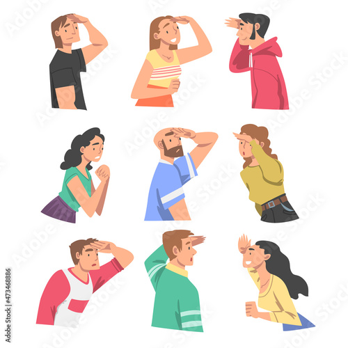 Looking Into Future People Character with Their Hands on Forehead Vector Illustration Set